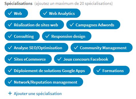 Page entreprise Linkedin spécialisations